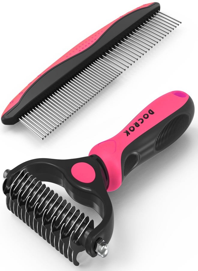 Docrok Pet Grooming Brush & Comb Combo, Cat & Dog Brush for Shedding & Dematting, Undercoat Rake for Long-haired Pets, Pink - Image 1